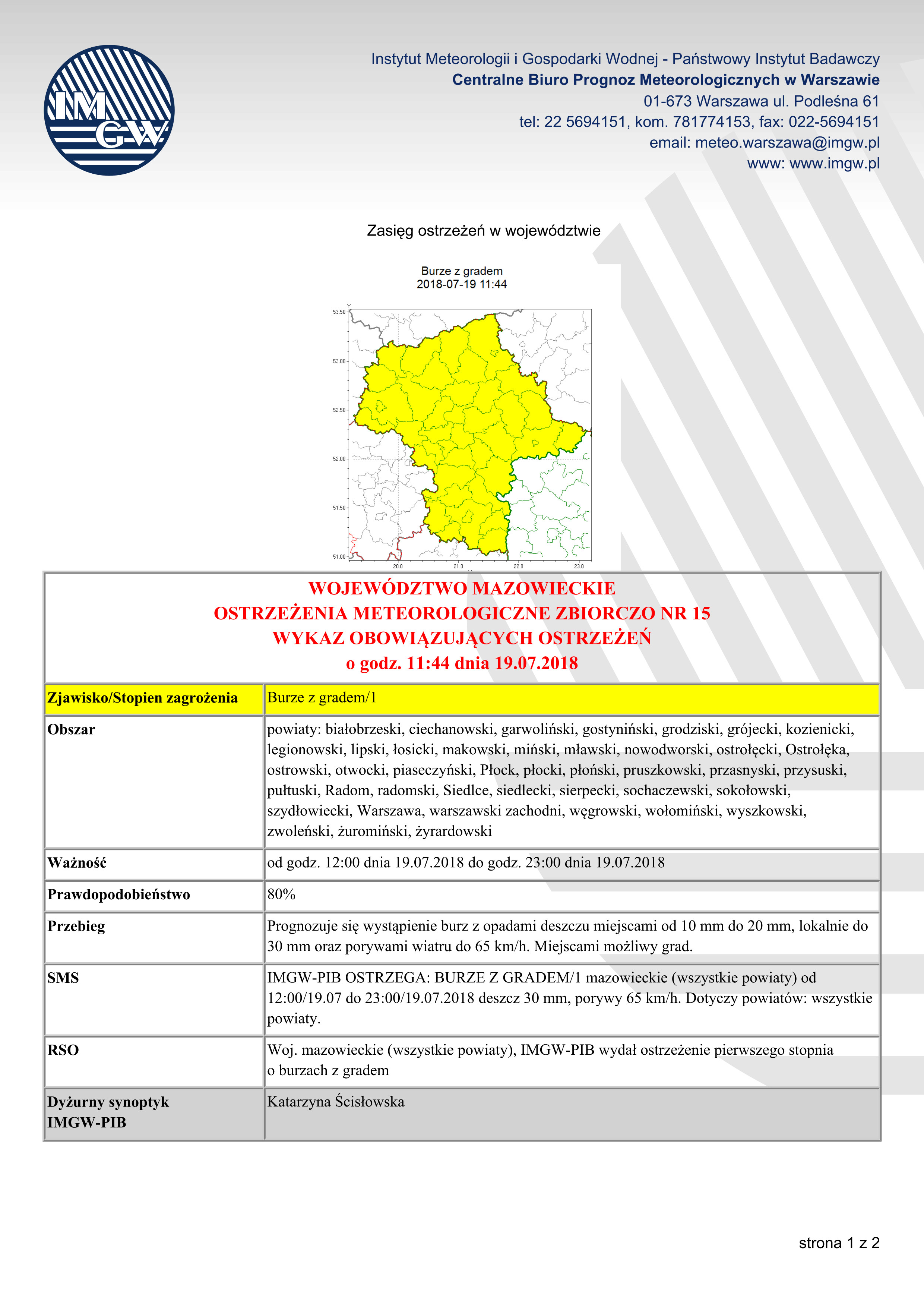 Ostrzeżenie meteorologiczne zbiorczo - strona nr 1