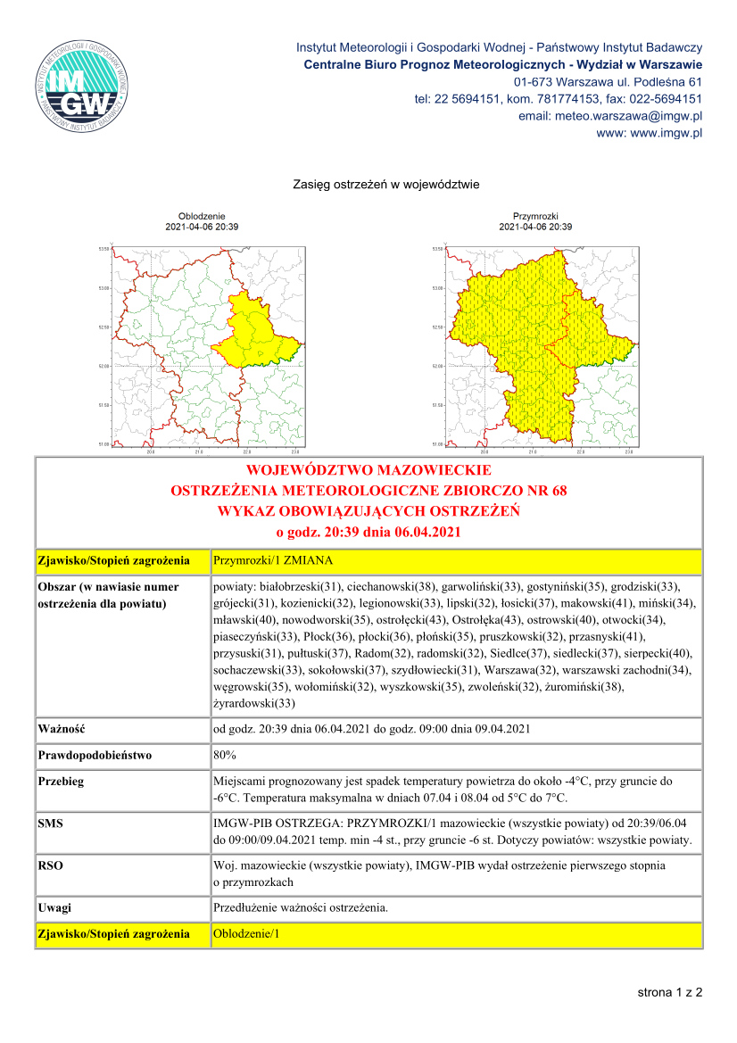 Pełna treść ostrzeżenia meteorologicznego Nr 21 w formie zdjęcia - pierwsza strona - link do PDF