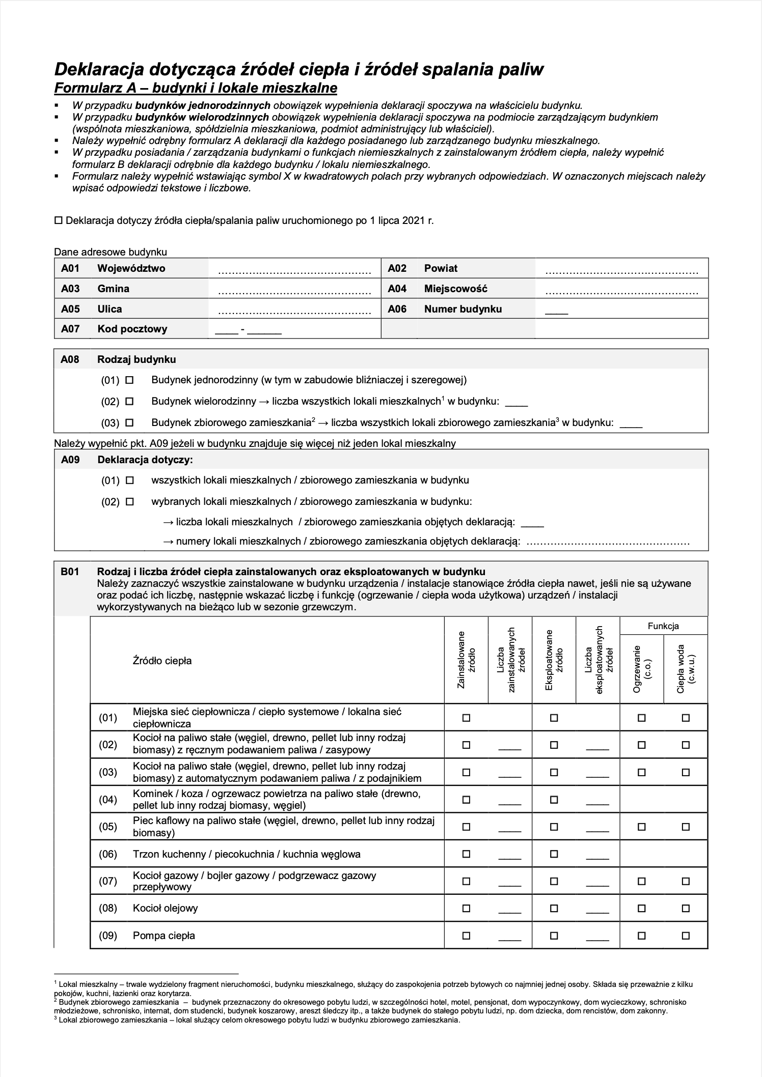Formularz A budynki i lokale mieszkalne