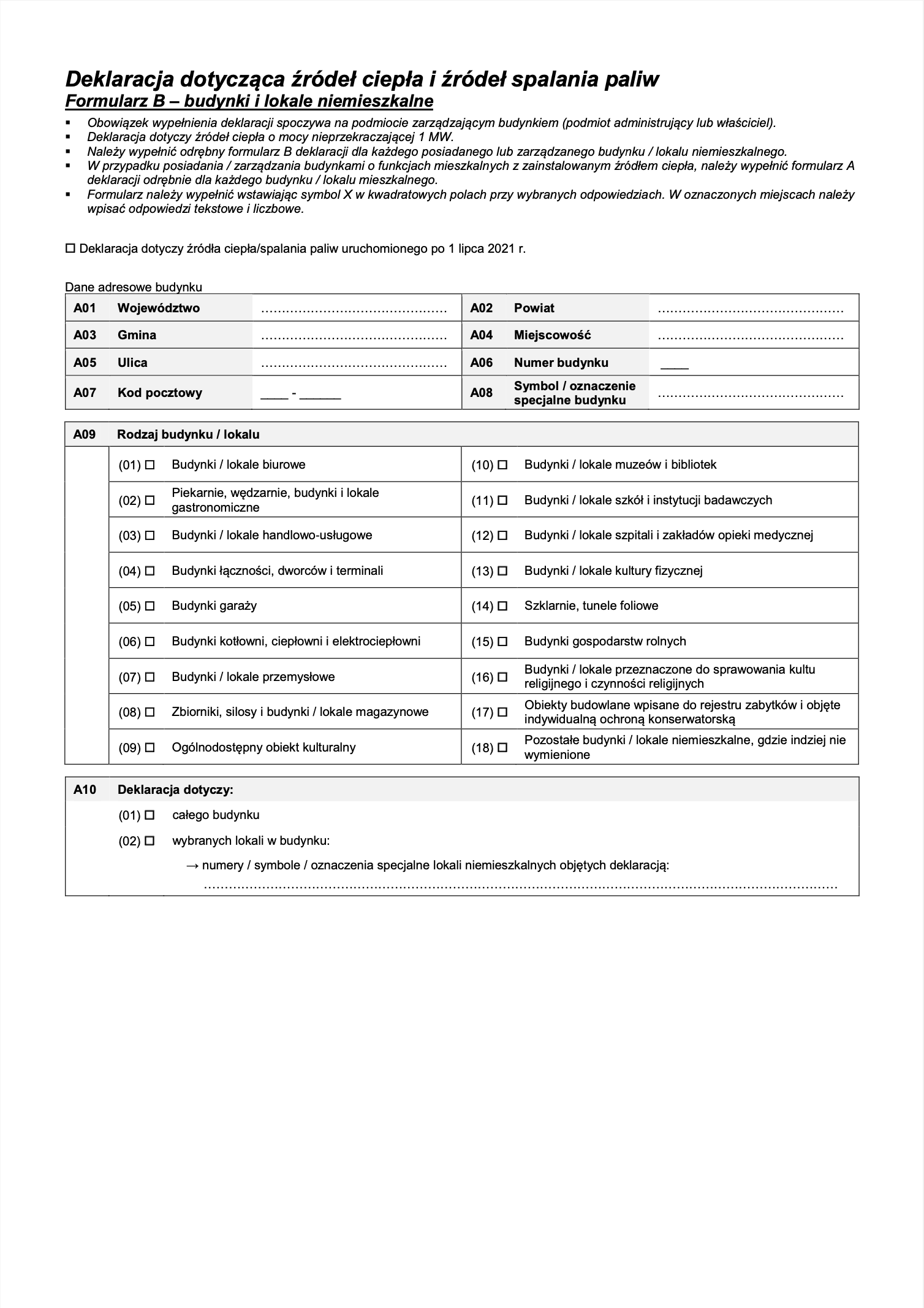 Formularz B budynki i lokale niemieszkalne