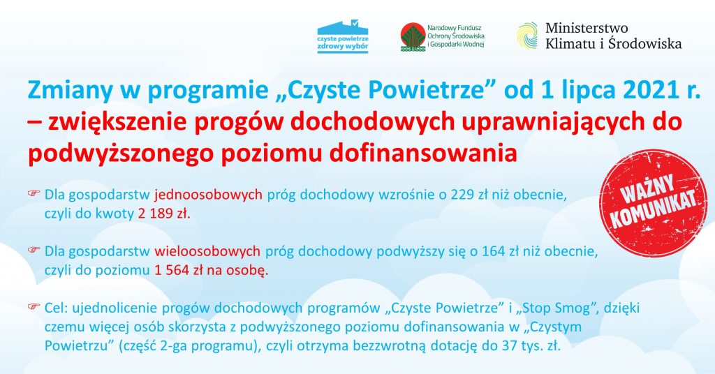 4 Zmiany w programie Czyste Powietrze od 1 lipca 2021 zwiekszenie progow dochodowych 1024x536
