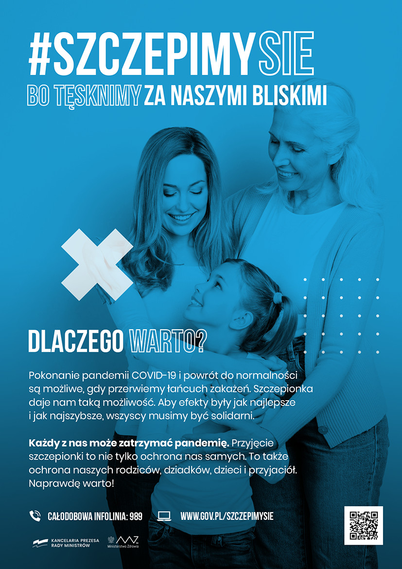 Plakat dlaczego warto sie szczepic bo tesknimy za naszymi bliskimi