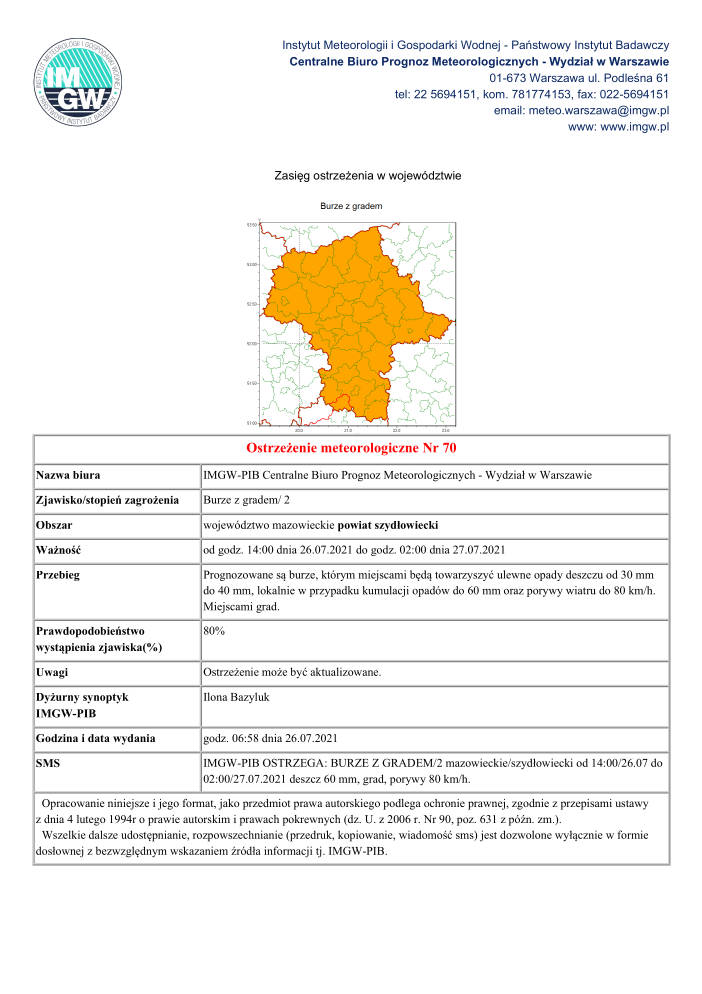 Ostrzeżenie Meteorologiczne nr 70 - MZW 1430 BG 20210726045824000