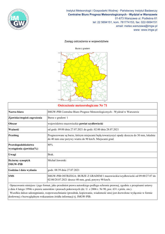Ostrzeżenie Meteorologiczne nr 71 - MZW 1430 BG 20210727063900182