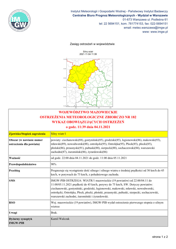 Ostrzeżenie Meteorologiczne nr 182 - MZW STAN 20211104103942933
