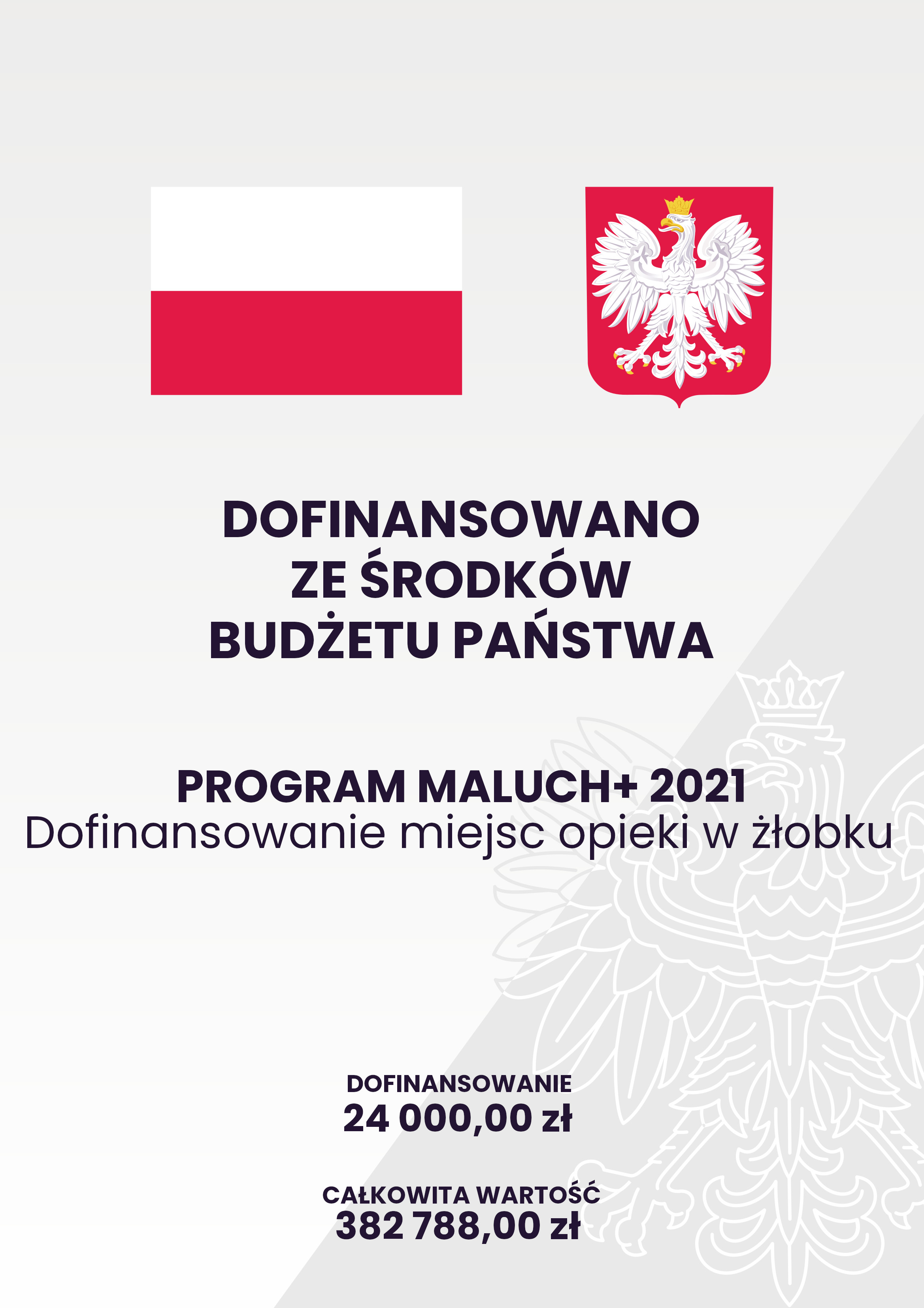 Gmina Jastrząb otrzymała dofinansowanie z Budżetu Państwa w ramach programu pn. Resortowy program rozwoju instytucji opieki nad dziećmi w wieku do lat 3 „MALUCH +” 2021  Rodzaj dotacji budżetowej: Dotacja celowa z budżetu państwa na dofinansowanie zadań własnych gminy z zakresu organizacji opieki nad dziećmi w wieku do lat 3. Nazwa zadania: „ Dofinansowanie funkcjonowania miejsc opieki w Gminnym Żłobku w Gąsawach Plebańskich” Wartość dofinansowania : 24 000,00 zł Wartość zadania szacowna jest na kwotę: 382 788,00 zł.