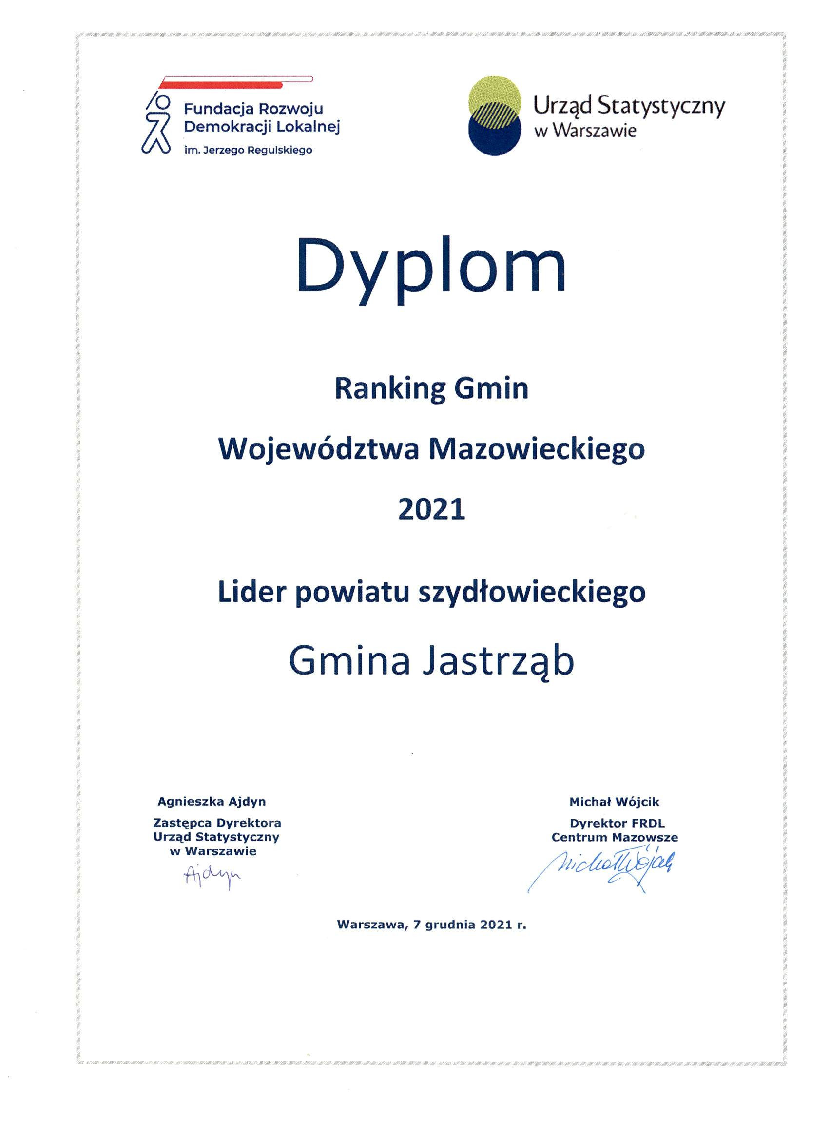  Fundacja Rozwoju Demokracji Lokalnej im. Jerzego Regulskiego oraz Urząd Statystyczny w Warszawie przyznały Gminie Jastrząb Dyplom Lidera powiatu szydłowieckiego przyznawany w rankingu Gmin Województwa Mazowieckiego 2021.
