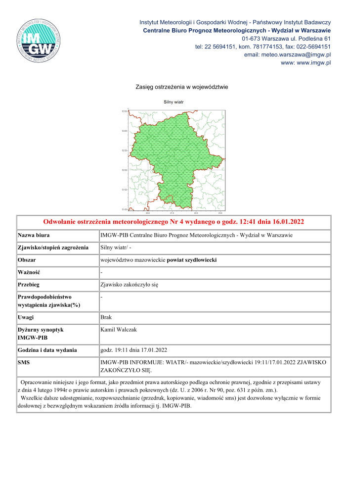 Odwołanie ostrzeżenia meteorologicznego Nr 4 - MZW_1430_SW_20220117181133442