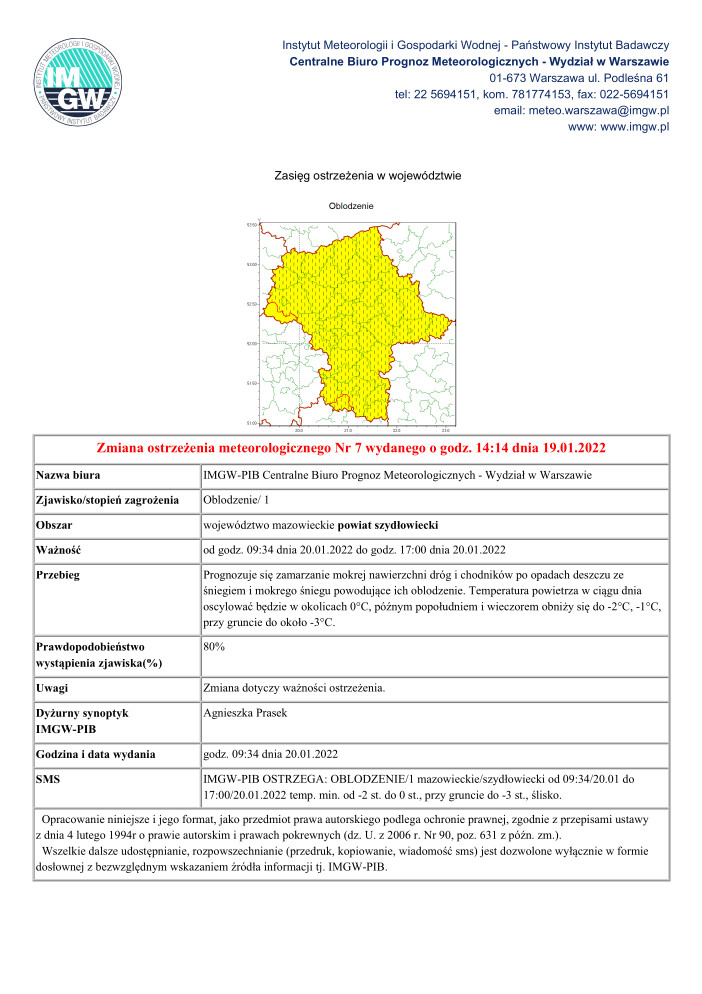 Zmiana ostrzeżenia meteorologicznego Nr 7 wydanego o godz. 14:14 dnia 19.01.2022 Nazwa biura - 1430_OB_20220120083434907