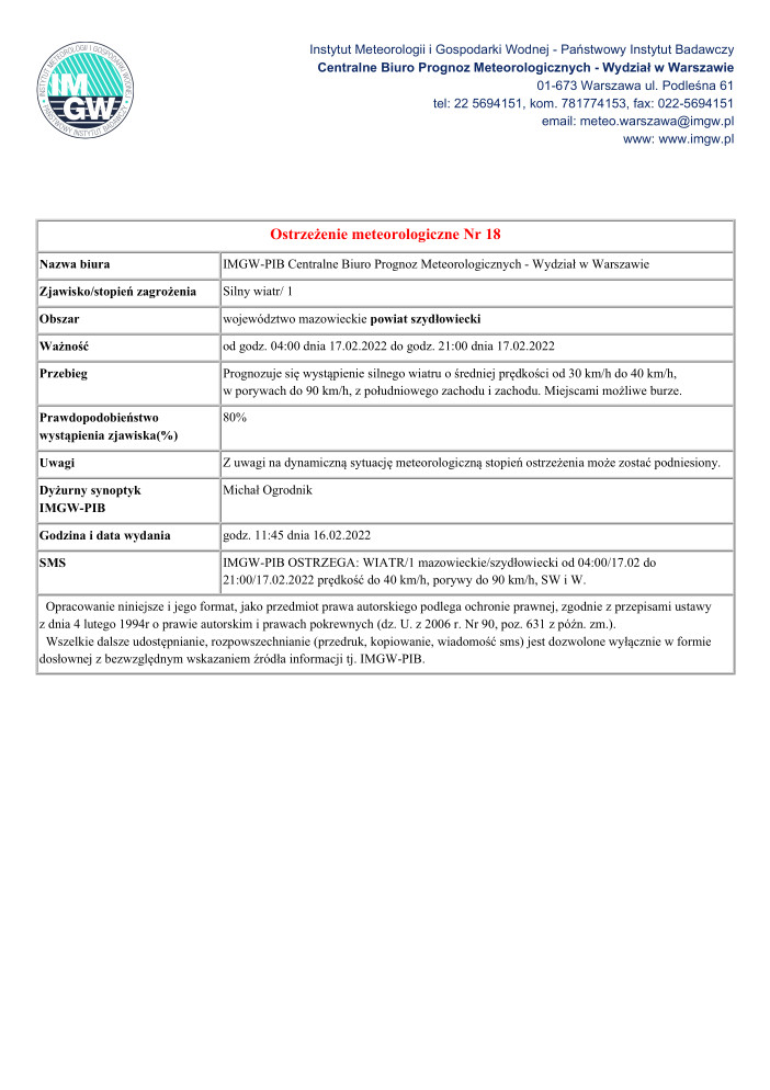 Ostrzeżenie Meteorologiczne nr 18 - MZW_1430_SW_20220216104501850