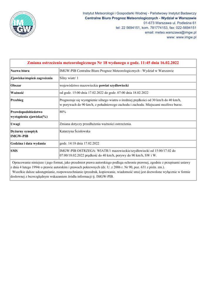 Zmiana ostrzeżenia meteorologicznego Nr 18 wydanego o godz. 11:45 dnia 16.02.2022 - MZW_1430_SW_20220217131803805
