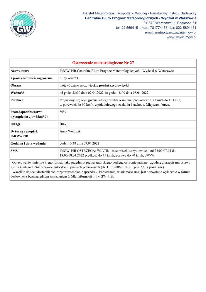 Ostrzeżenie Meteorologiczne nr 27 - MZW_1430_SW_20220407083810626