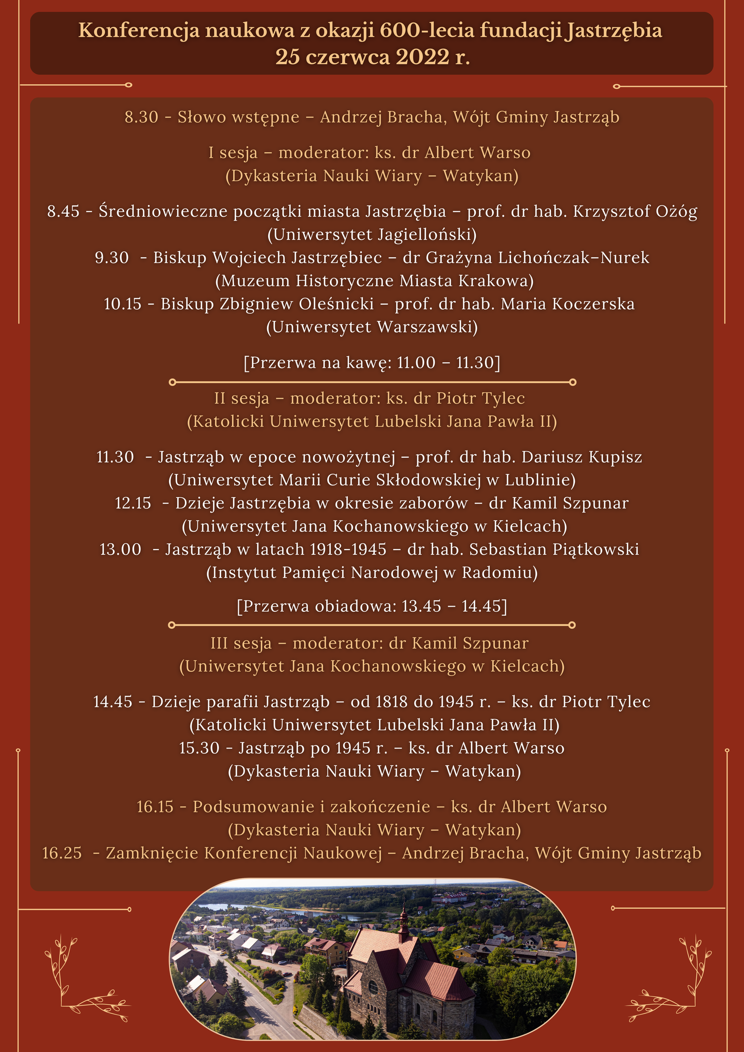 Program konferencji naukowej z okazji 600-lecia fundacji Jastrzębia 25 czerwca 2022 r.