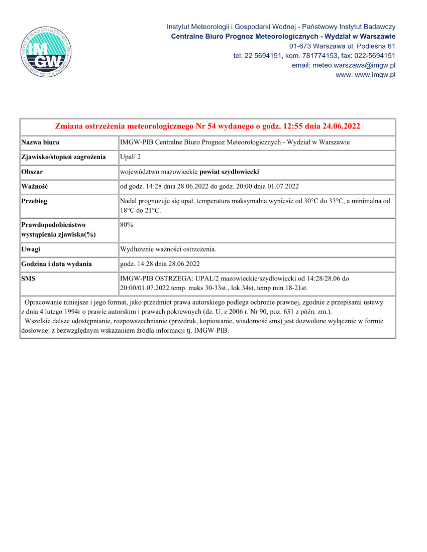 Zmiana ostrzeżenia meteorologicznego Nr 54 wydanego o godz. 12:55 dnia 24.06.2022 - MZW_1430_UP_20220628122819853