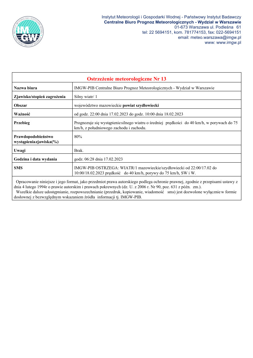Ostrzeżenie Meteorologiczne nr 13 - MZW_1430_SW_20230217052839639