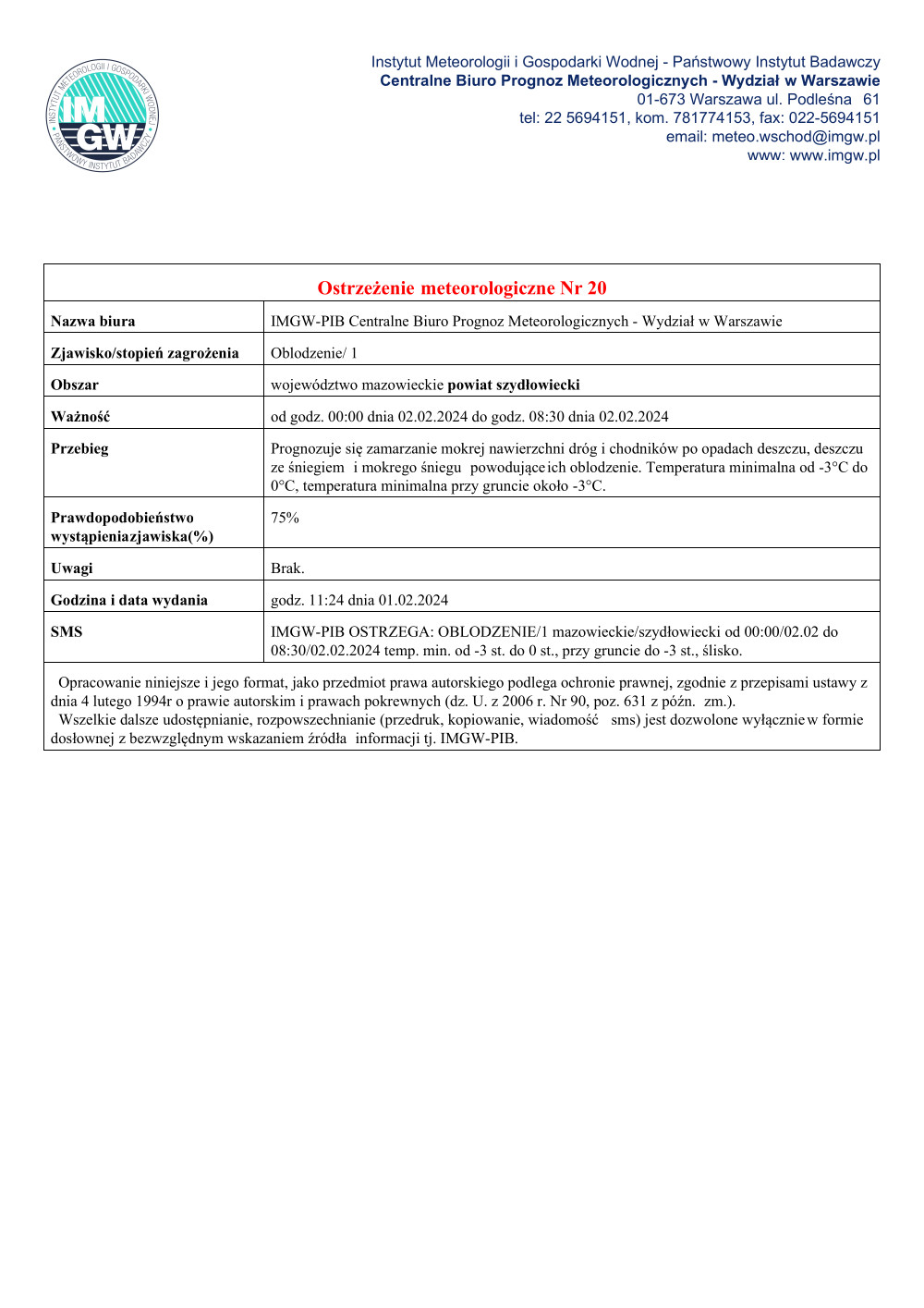 Ostrzeżenie meteorogiczne 1 strona