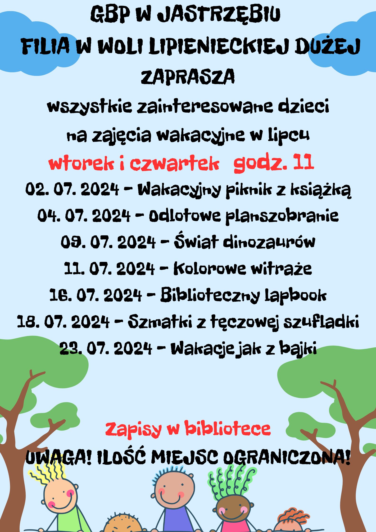 Plakat - Wakacje z Biblioteką - filia Wola Lipieniecka Duża - treść w artykule