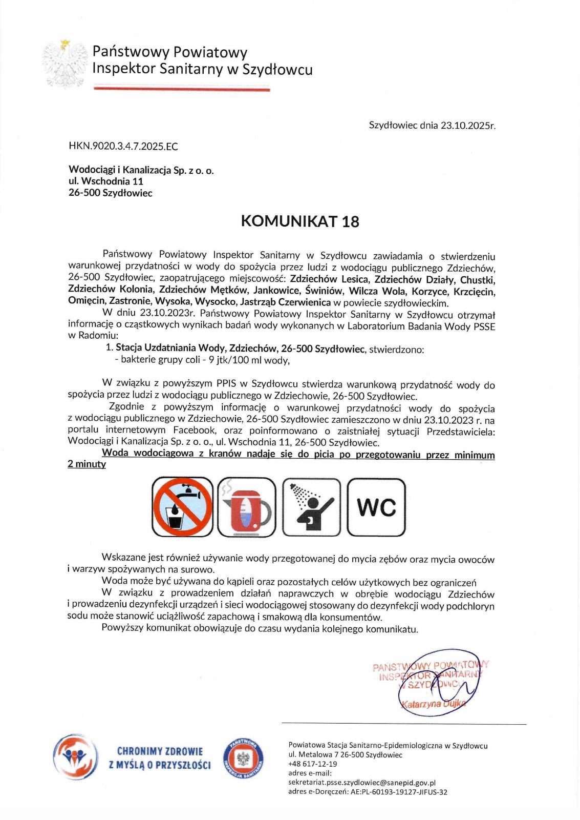 Zawiadamienie o stwierdzeniu warunkowej przydatności w wody - treść w artykule