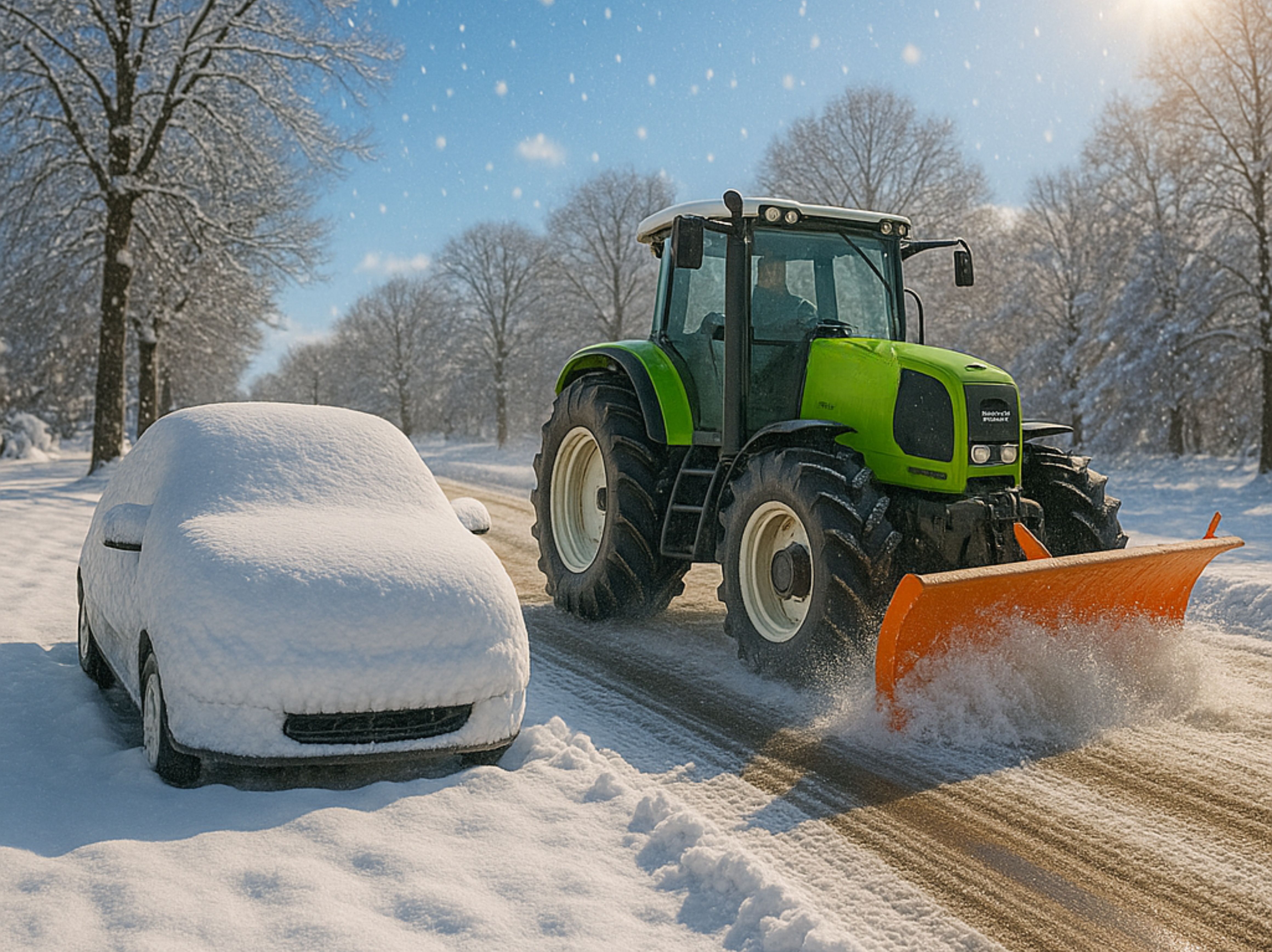 Obraz drogi odśnieżanej przez płóg, przy której stoi ośnieżone auto