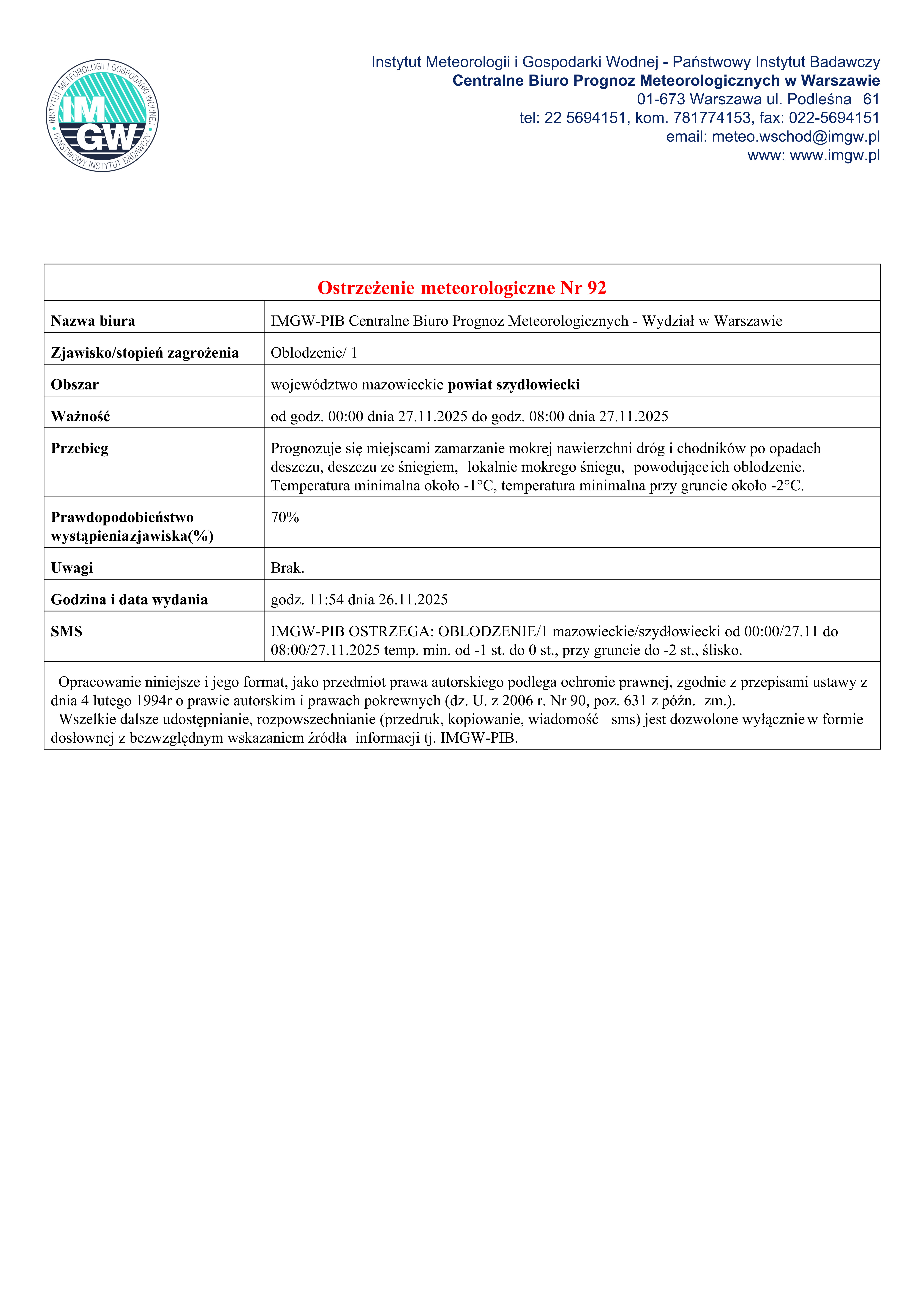 Ostrzeżenie meteorologiczne Nr 89