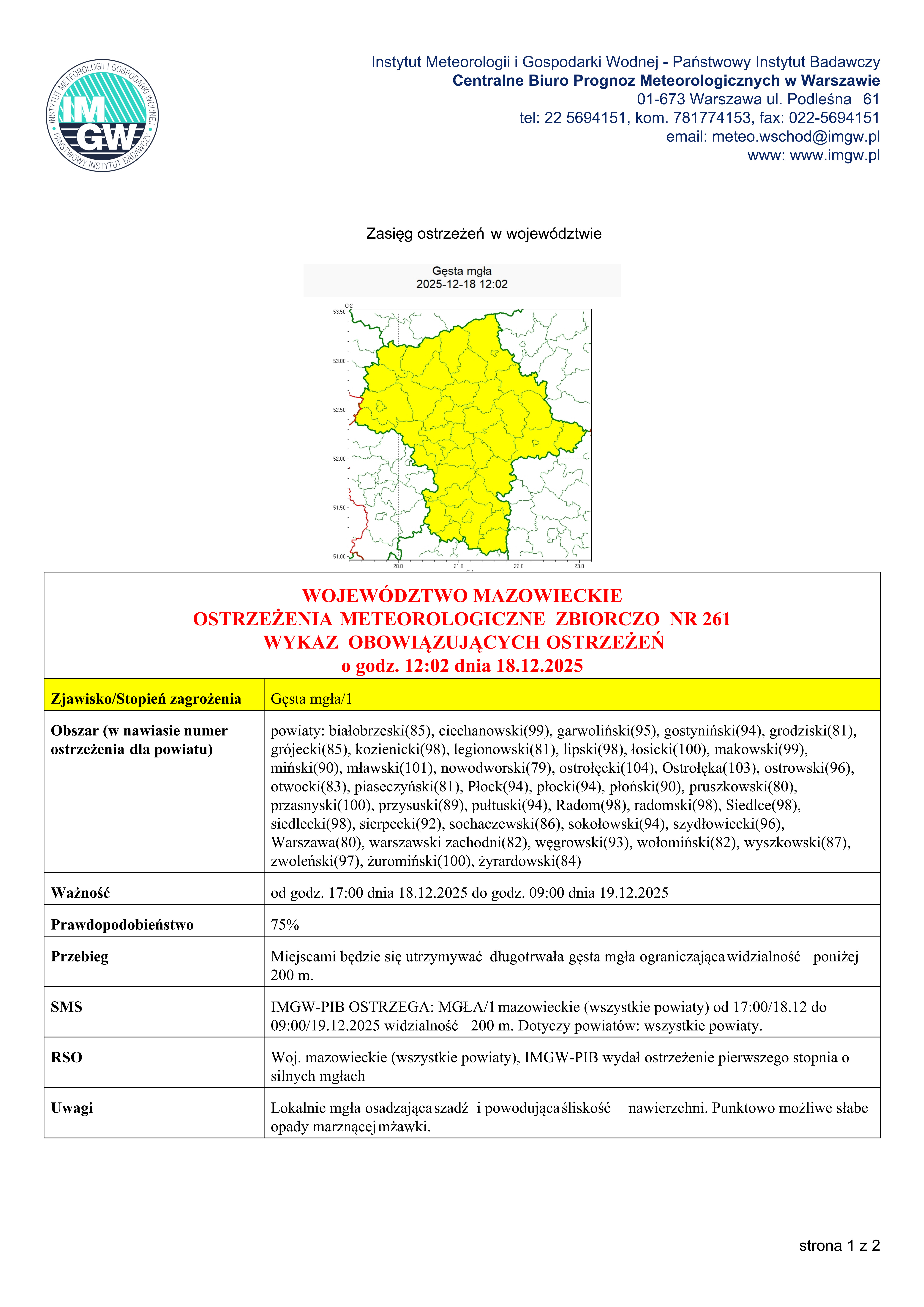 Ostrzeżenie Meteorologiczne zbiorczo nr 261 - MZW_STAN_20251218110355388_str1