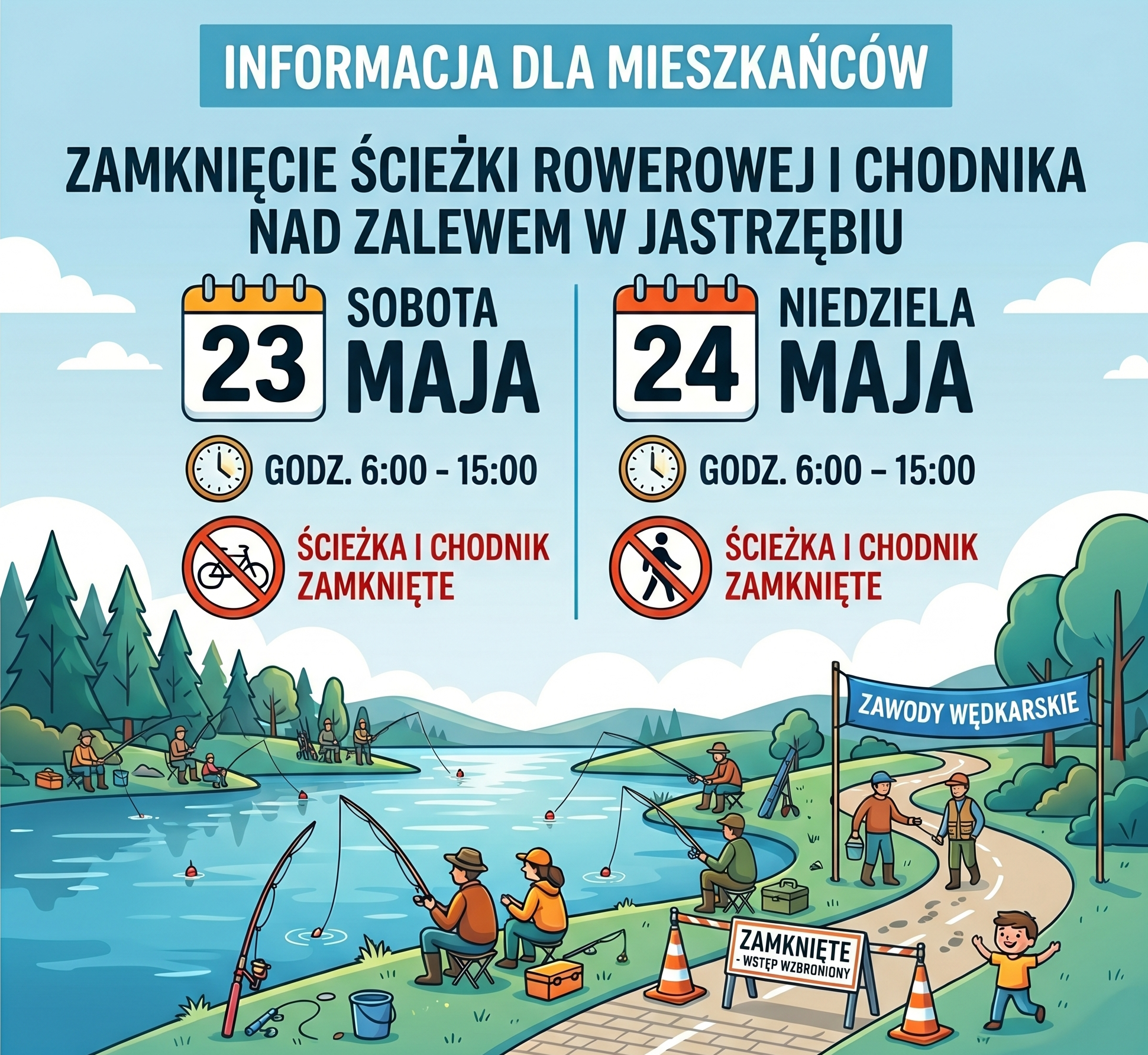 "Zamknięcie ścieżki rowerowej i chodnika nad Zalewem w Jastrzębiu w dniach 23 - 24 maja" - treść w artykule