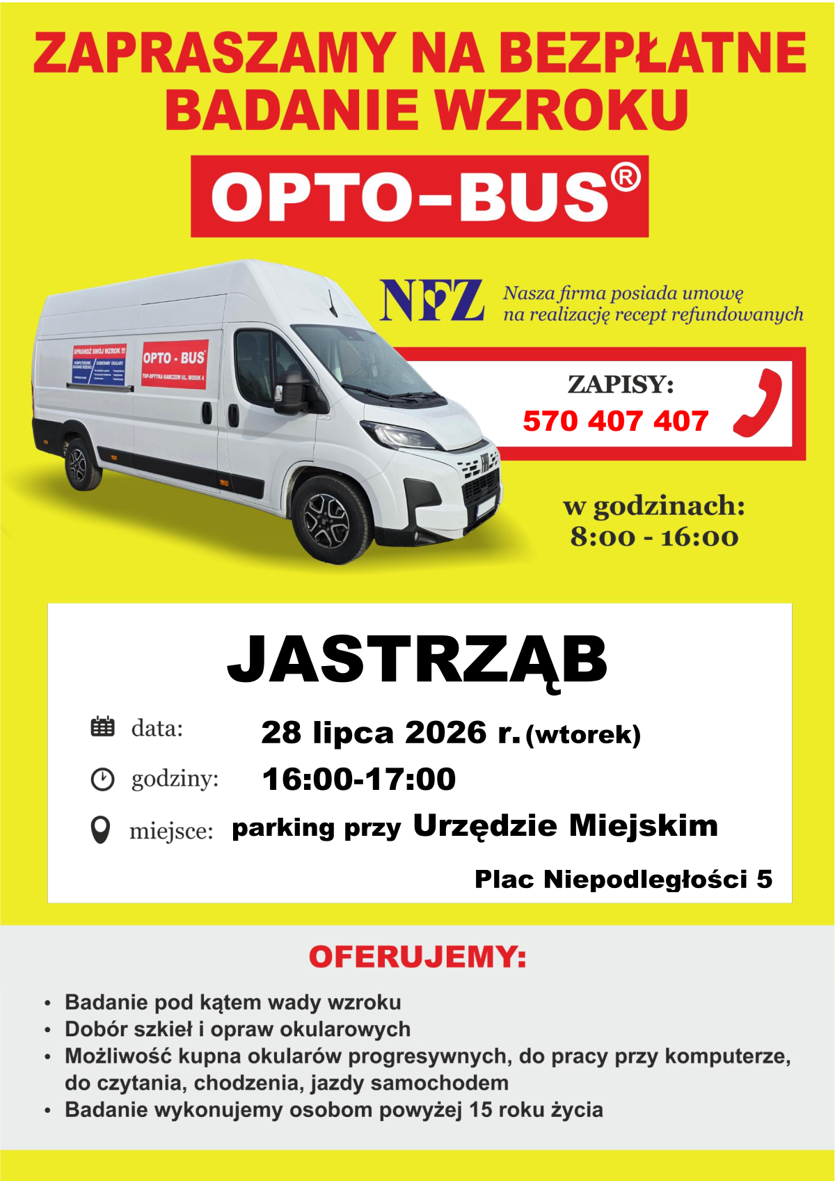 Plakat "Zapraszamy na bezpłatne badanie wzroku OPTO-BUS"