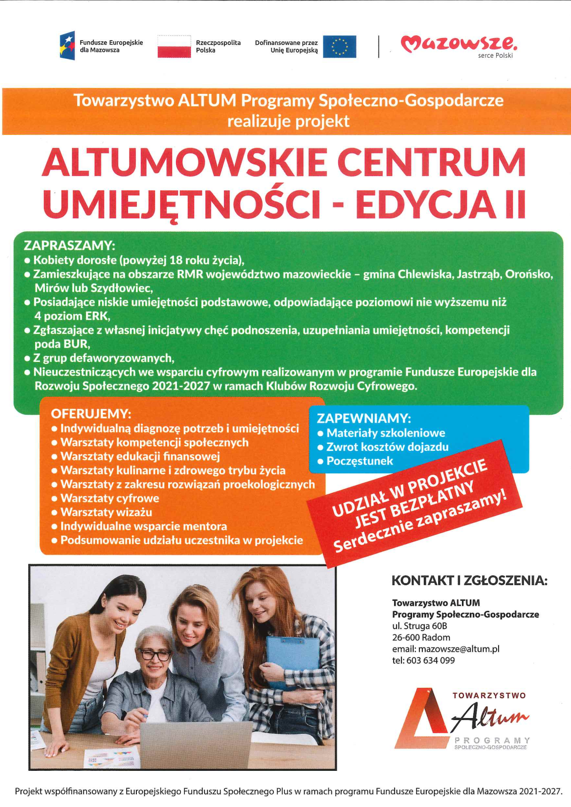 Plakat - Bezpłatne warsztaty i rozwój dla kobiet – rusza: Altumowskie Centrum Umiejętności - Edycja II!