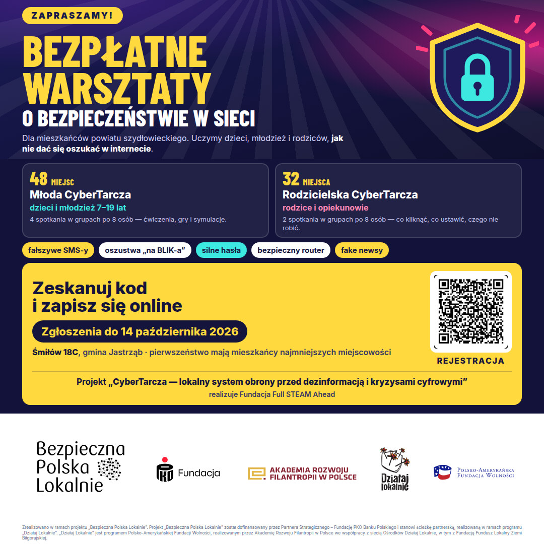 "CyberTarcza - Bezpłatne warsztaty  o bezpieczeństwie w sieci" - treść w artykule
