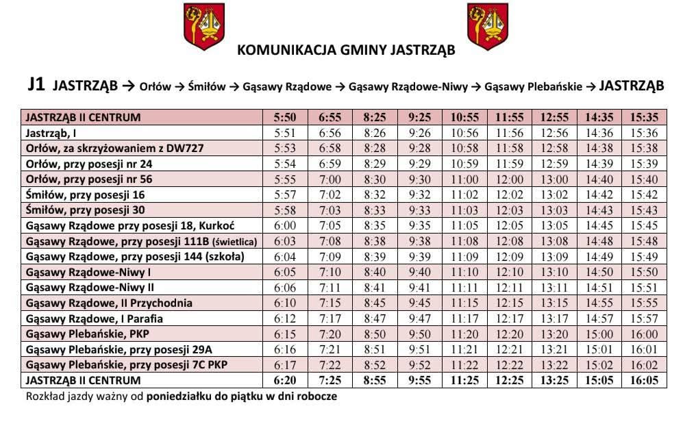 Rozkład jazdy autobusów dla lini J1