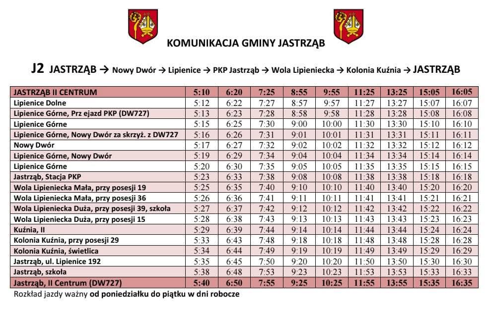 Rozkład jazdy autobusów dla lini J2