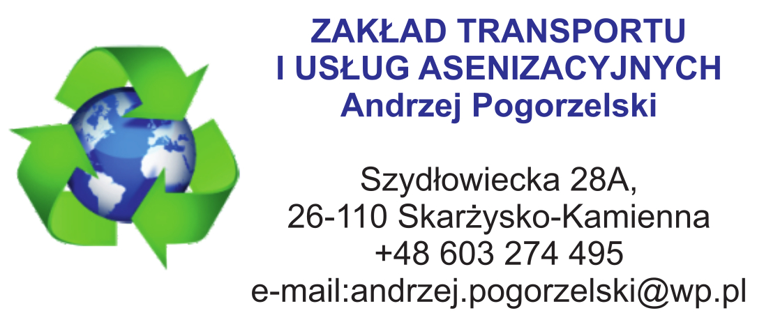 Logo - ZAKŁAD TRANSPORTU  I USŁUG ASENIZACYJNYCH Andrzej Pogorzelski   Szydłowiecka 28A,  26-110 Skarżysko-Kamienna  +48 603 274 495  e-mail: andrzej.pogorzelski@wp.pl