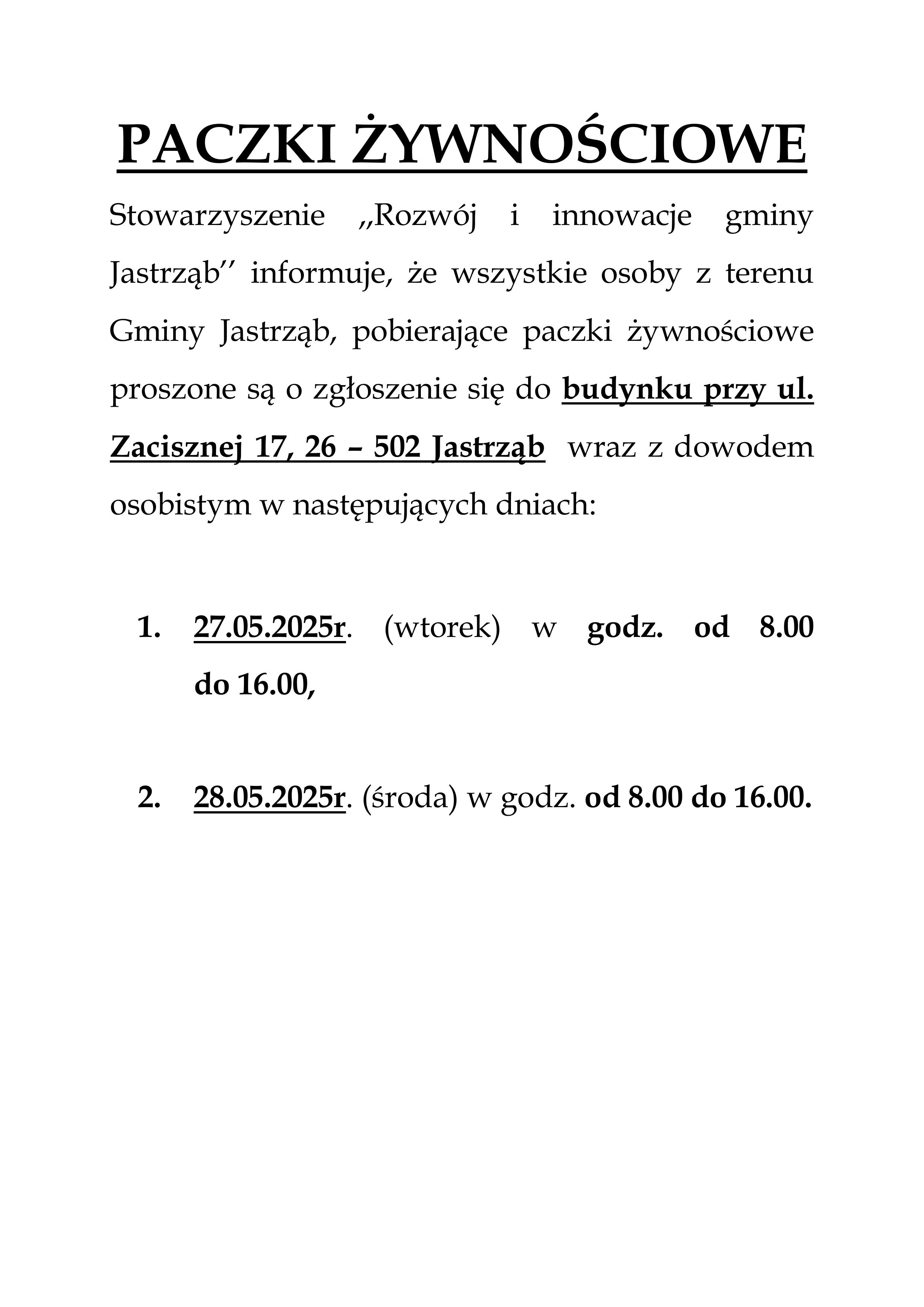 PACZKI ŻYWNOŚCIOWE 27 28.05.2025